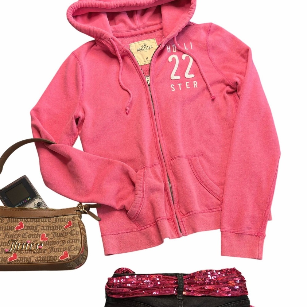 y2k Hollister Hot Pink Zip Hoodie 22 Applique Size M Vintage EUC Flawless
